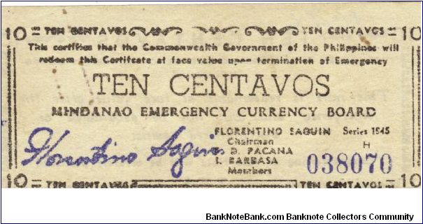 S532a Mindanao Emergency Currency Board 10 Centavos note. Banknote