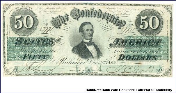 Type 50 Confederate $50 note. 'No Virginia' variety. Banknote