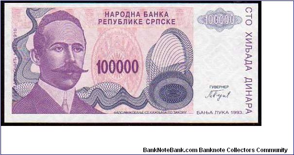 100'000 Dinara__
Pk 151a__

Serbian Republic-Banja Luka Issue
 Banknote