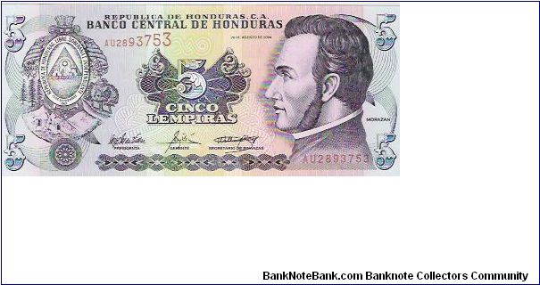 NEW 2004 ISSUE
5 LEMPIRAS
AU28993753

P # 85

NEW 2004 ISSUE Banknote