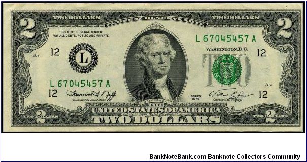 Series 1976 $2 San Francisco FRN.  Serial: L67045457A Banknote