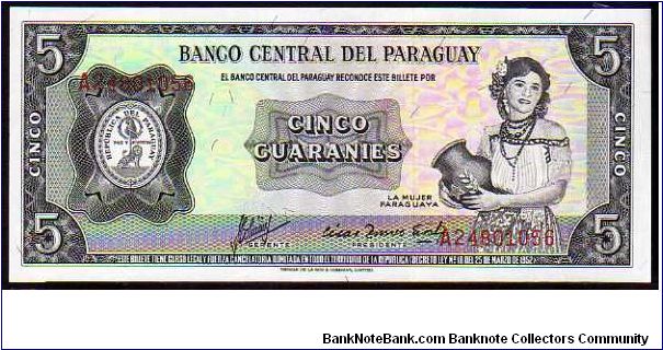 5 Guaranies
Pk 193b

(Issued from August 1963  *  L.25-03-1952) Banknote