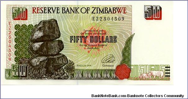50 Dollars
Signed Governor LL Tsumba 
Matapos Rocks & Black Rhino
Black Rhino & Zimbabwe ruins
Security Thread
Watermark Zimbabwe Stone carved Bird Banknote