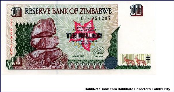 $10
Signed Governor LL Tsumba
Matapos Rocks & Sable Antelope
Sable Antelope, Cliffs & River
Security Thread
Watermark Zimbabwe Stone carved Bird Banknote