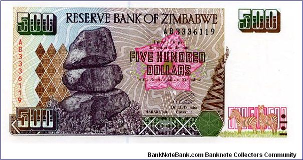 $500
Signed Governor LL Tsumba
Matapos Rocks & zebras
zebras & Power Station
Security Thread
Watermark Zimbabwe Stone carved Bird Banknote