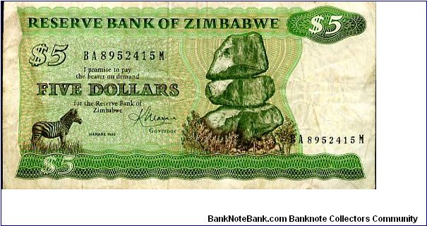 $5
Green & Black
Governor?
Front Zebra & Matapos rocks 
Rev Village scene with 2 workers 
Security Thread
Watermark Zimbabwe Stone carved Bird Banknote