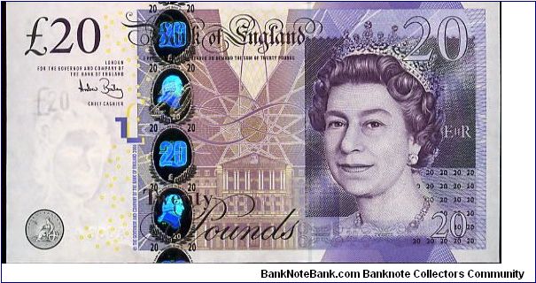 £20
Purple
Chief Cashier Andrew Bailey
Front  Bank of England, Holographic strip & BoE seal, QEII
Rev Adam Smith Author of 'Wealth of Nations' Scene from his book 'workers in a pin factory '
Security Thread
Watermark QEII Banknote