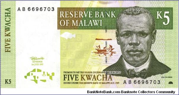 5 Kwacha. John Chilimawe on front. Village scene on back Banknote