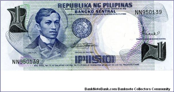 1 Piso
Blue's
Jose Rizal & Bank seal
Scene of Aguinaldo's Independence
Security stip
Watermark J Rizal Banknote