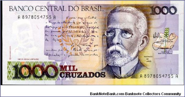 1,000 Cruzados
Purple/Green
J Machado  Quill pen & book
Rio street scene 1905
Security thread
Watermark  J Machado Banknote