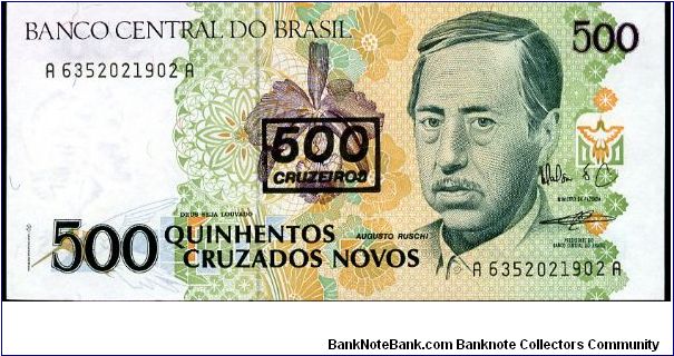 500 Cruzados on 500 Cruzados novos
Blue/Brown/Green
Mural, C protinari, Paint brushes in pot 
Artist & Mural
Security thread
Watermark C protinari Banknote