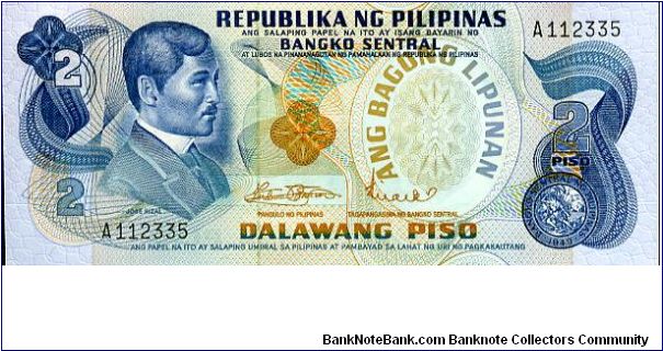 2 Piso
Blue's/Orange
Jose Rizal & Bank seal, OP Papal seal & date
Scene of Aguinaldo's Independence
Security stip
Watermark J Rizal Banknote