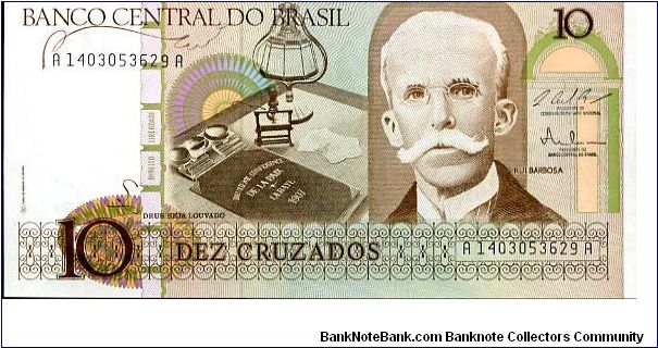10 Cruzados
Orange/Brown
Writting desk & Rui Barbosa
Conference scene
Sign. Pereira & Oliveira 
Security thread
Watermark Rui Barbosa Banknote