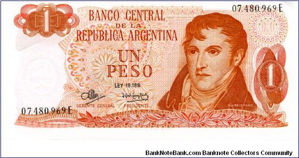 1970/73
1 Peso
Orange
Ley 18.188
Gen Manuel Belgrano
Scene of Bariloche-Llao-Llao
Watermark Banknote