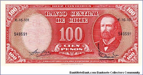 1960/61
10 centesimo = 100 pesos. Ovpt on P122 10 condores = 100 pesos 
Red
Arturo Prat
Red Bank seal at base
Watermark General Bernardo O'Higgins Banknote