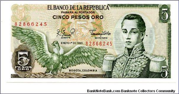 5 pesos oro 
Green/Brown
01/12/1980
Condor & Jose Maria Corboba 
Fortress at Cartagena Banknote