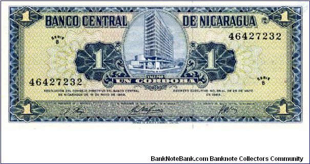 1 Cordoba
Blue
3 signatures on note, Nicaraguan Central Bank building
Francisco  Hernandez De Cordoba 
Security Thread Banknote