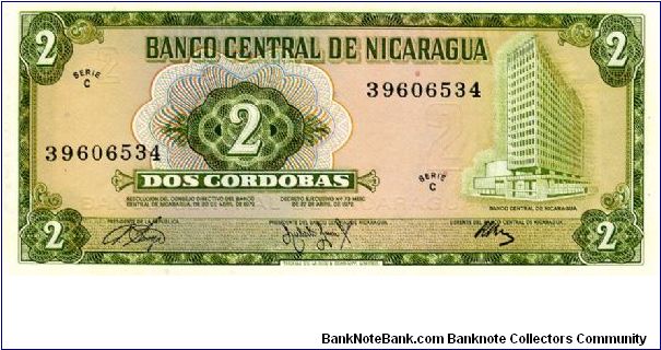 2 Cordobas
Green/Pink
Nicaraguan Central Bank building
Plowed field Banknote