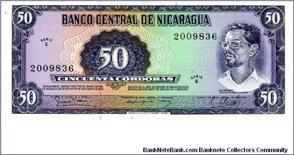 50 Cordobas
Blue/Purple
Comdt. C F Amador 
Liberation of 1979
Security Thread Banknote