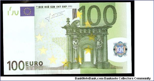100 Euro.

Serial -S- prefix (Italy)

Baroque and Rococo architecture represented on face and back.

New Signature.

Pick #5s Banknote