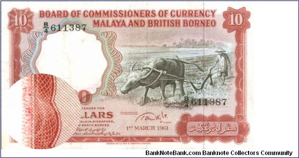 This is 1961-3-1 Malaya British Borneo $10 note with very very rare large B/4 series.
This one has two security line one straight thru and the other one is broken dot.
LOOK CLOSELY there is an ERROR on printing at the lower left corner which made this a super rare if not unique collector's item.
ISC catalogue at RM 4500 for UNC and RM 2200 for EF. I am asking for RM 3200 only Banknote