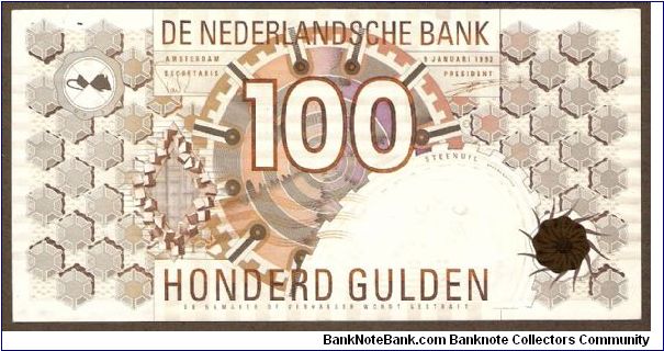 100 Gulden.

Value and geometric designs on face and back.

Pick #101 Banknote