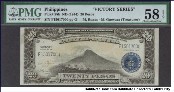 p98b 1944 20 Peso Victory Treasury Certificate (Roxas-Guevara Signatures) Banknote