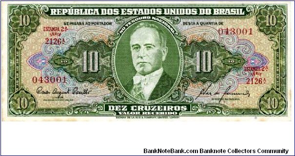 1959/61
10 cruzeiros
Green
Stamp 2A
Series A
Getulio Vargas 
Sign Almeida & Carrilho
Allegory of industry
TDLR Banknote