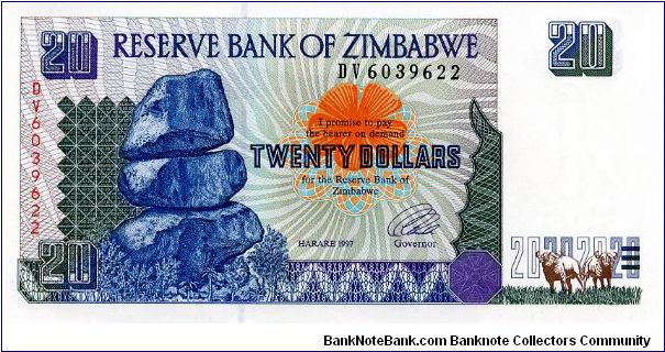 $20 
Signed Governor LL Tsumba 
Matapos Rocks & Water Buffalo 
Water Buffalo & Victoria Falls  
Security Thread Banknote