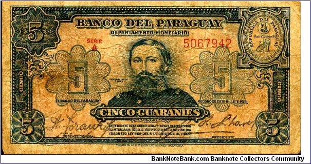Blue/Red
 5 Guaranies  
Portrait of General J E Diaz
Goverment building Banknote