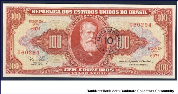 Brazil 10 Centavos OP on 100 Cruzeiros 1967 P185a. Banknote