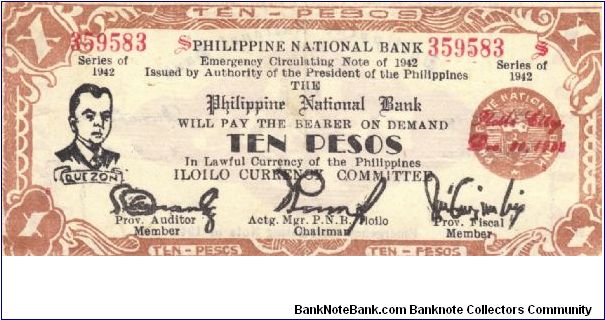 S-317 Iloilo 10 Pesos note, thick signatures, large auditor signature, broken P's in Philippines on reverse. Banknote