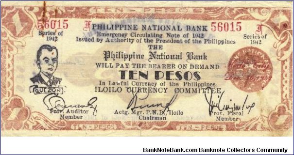 S-317 Iloilo 10 Pesos note with thin signatures, large auditor signature obverse and normal P's in Philippines on reverse. Banknote