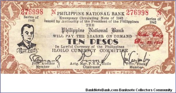 S-317 Iloilo 10 Pesos note with small Auditor signature on obverse and normal P's in Philippines on reverse. Banknote