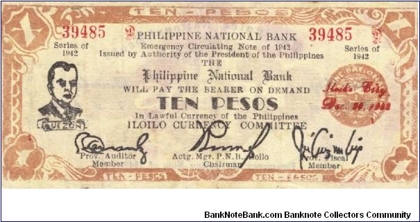 S-317 Iloilo 10 Pesos note with small auditor signature on obverse and broken P's in Philippines on reverse. Banknote