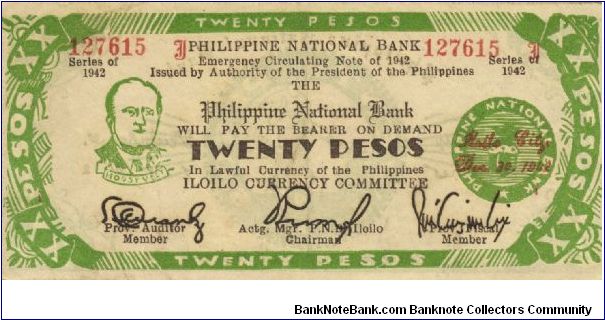 S-318x2 Iloilo 20 Pesos counterfeit note, hand written date on reverse, (30) different numerals used in year (odd 9). Banknote