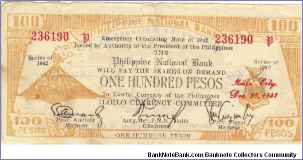 S-322 Iloilo 100 Pesos note, small signature for Auditor on obverse and broken P's in Philippines on reverse. Banknote