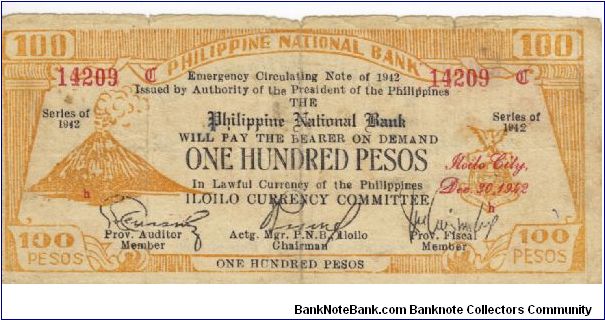 S-322 Iloilo 100 Pesos note with large Auditor signature on obverse and normal P's in Philippines on reverse. Banknote