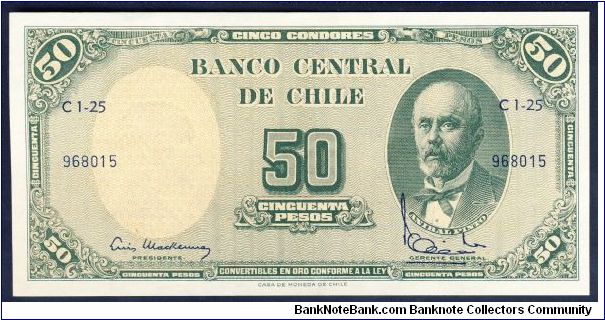 Chile 5 Centesimos OP on 50 Pesos 1960 P126. Banknote