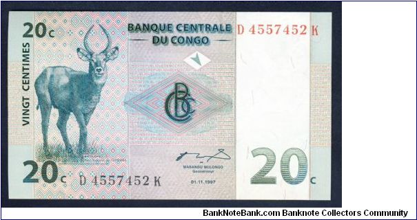 Congo 20 Centimes 1997 P83. Banknote