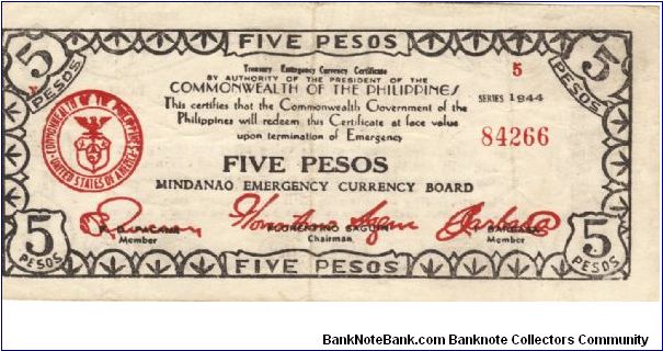 S-525b Mindanao 5 Pesos note Type 1 with 2 1/2 circular ornaments in right border printed from metal plate made in Australia. Large narrow date. Banknote