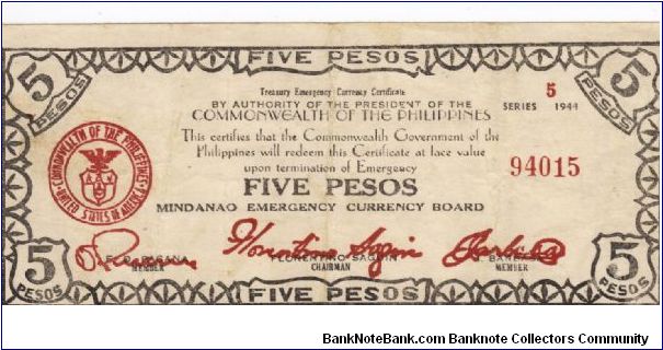 S-525b Mindanao 5 Pesos note type 2 with 3 circular ornaments in right border printed from wooden plate previously used at Liangan. Small wide date. Banknote