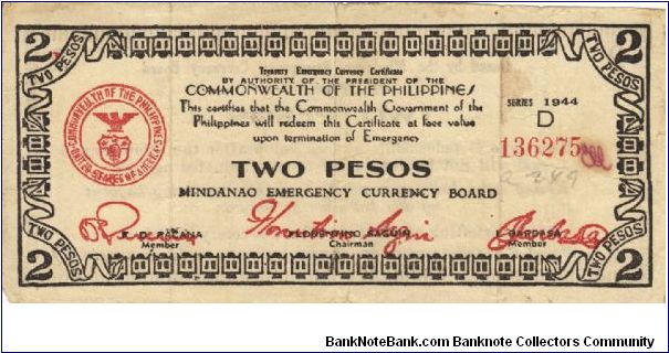 S-516b Mindanao 2 Pesos note with countersign initial. Banknote