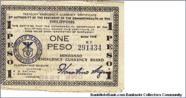 S-505 Mindanao 1 Peso note with wide series letters EE. Banknote