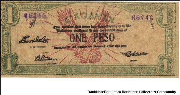 S-188 Cagayan 1 Peso note with countersign initials on obverse and hand written serial number on reverse. Banknote