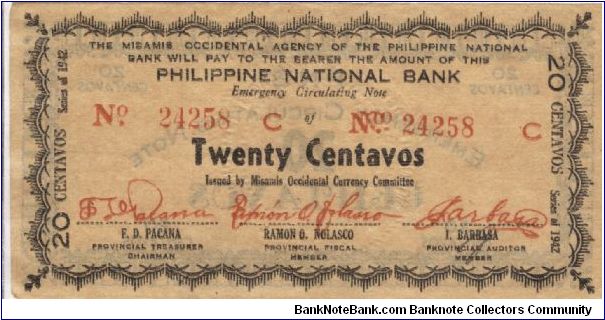 S-574 Misamis Occidential 20 centavos note with double print on obverse. Banknote