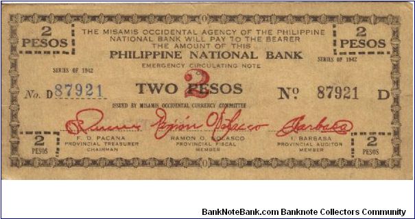 S-577a Misamis Occidental 2 Pesos note, signature design 3. Reverse plate B. Banknote