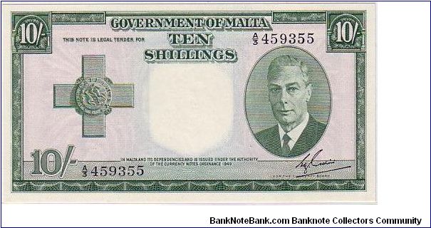 GOVERNMENT OF MALTA--KG VI
  10/- A RARE NOTE FOR COLLECTOR. Banknote