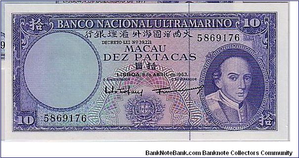 MACAU--1968
  10 PATACAS. Banknote