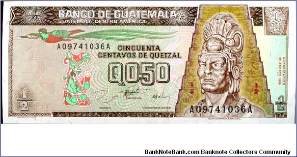 0.5 Quetzal
Brown/Green
Quetzal bird, seated figure & Tecun Uman  
Tikal Temple 
Harrison & Sons Banknote